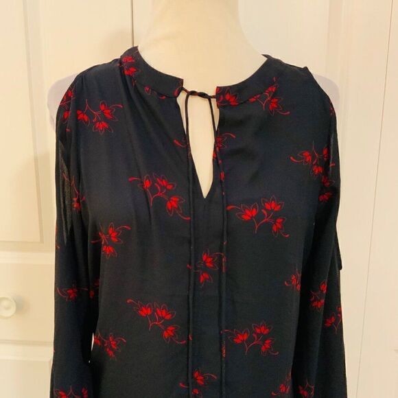 Loft Navy Blue Red Leaf Print Tie Neck Cold Shoulder Long Sleeve Top Medium - Picture 4 of 12